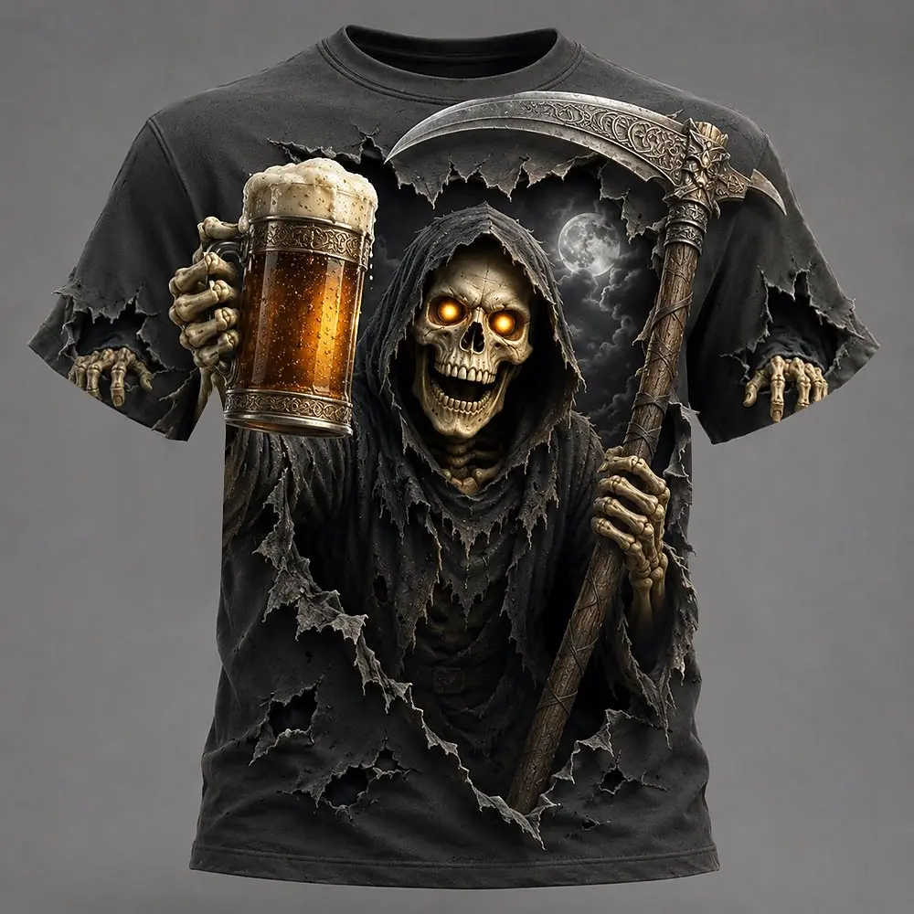 Men's Spring Summer 3D Printed Crew Neck Tee, Ripped Paper Reaper Scythe Beer Full Moon Gothic Horror Top