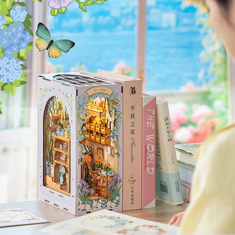 DIY Houten Boekenhoekje Plank Insert Kit Geur Bloemist Boekensteun Miniatuur Model Kits Bloem Boekenplank voor Vrienden Verjaardagscadeautjes