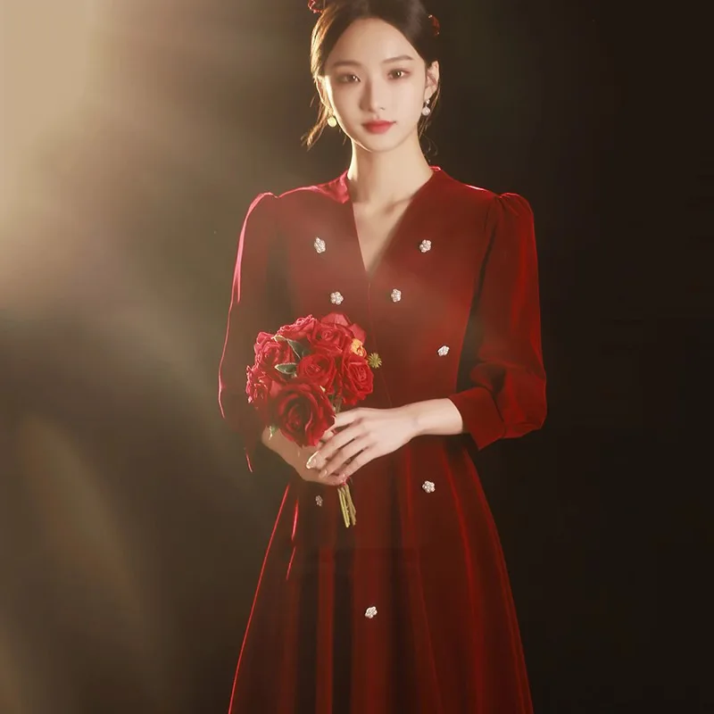

Red Velvet Wedding Dr Long Sve Engagement Par Evening Gown for ort Women Winter Faion High Waist A-Line Skirt