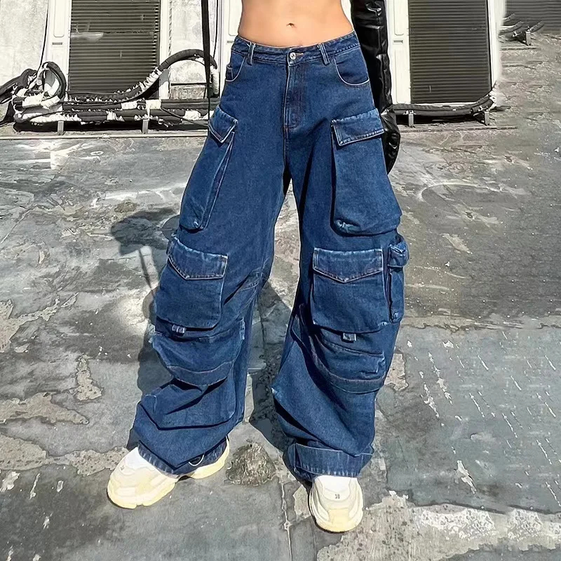 New Heavy Industry Multi-Pocket Washed Cargo Pants Women Y2K Vintage Streetwear High-Rise Loose Oversized Straight-Leg Jeans