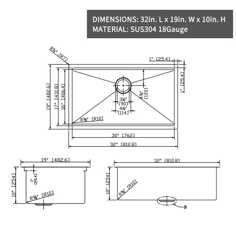 32" L x 19" W Undermount Kitchen Sink with Accessories for Workstation