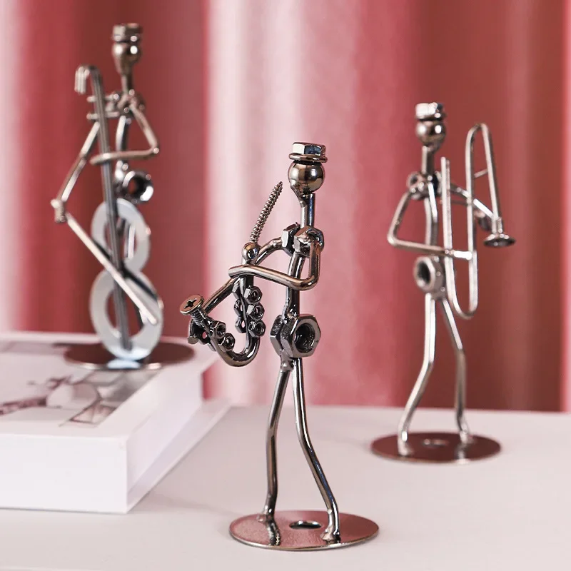 Metal Musician Guitar Player Statue Retro Sculpture Musical Instrument Little Iron Art Collectible Figurine Book Shelf Decor