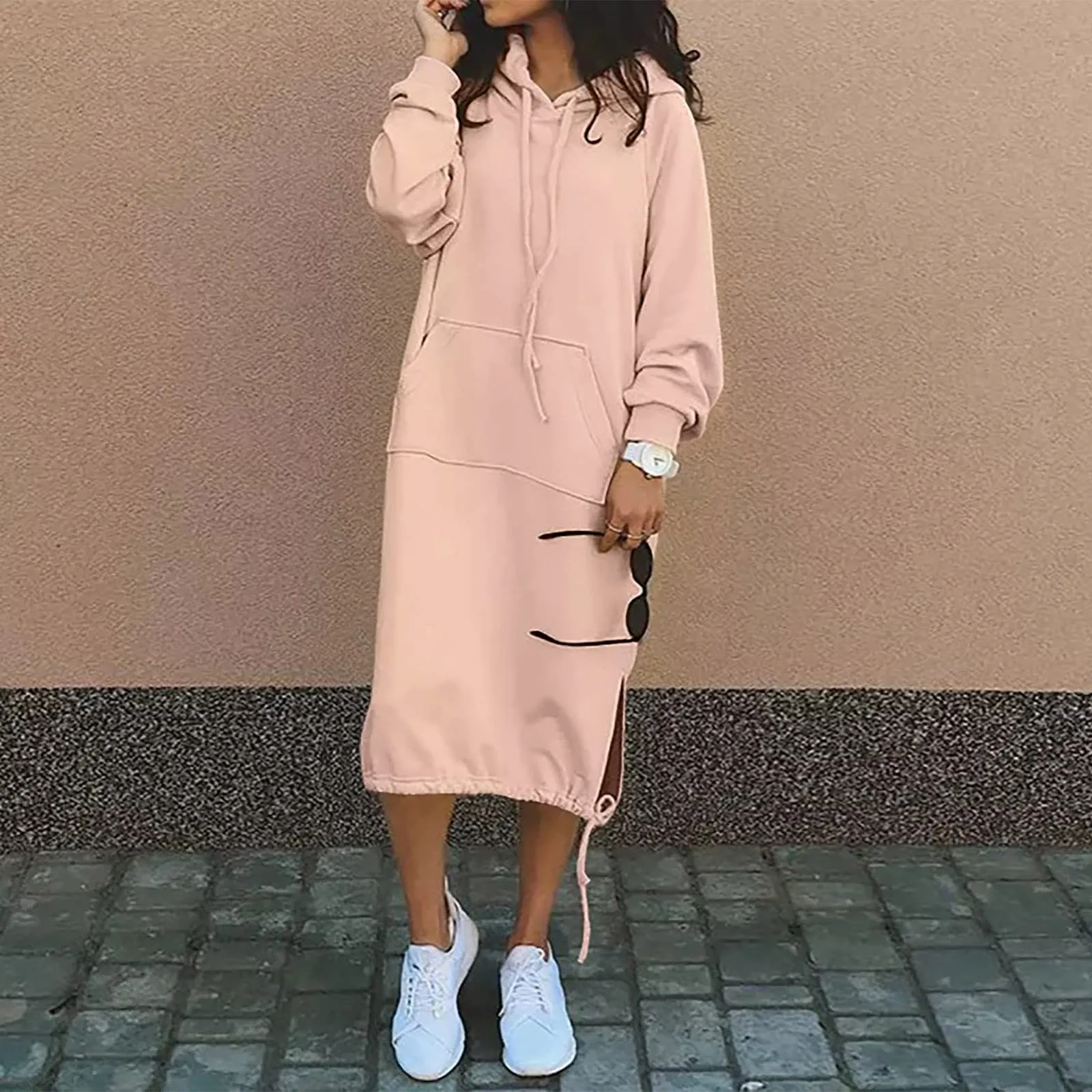 

Women Long Hoodie Dress Hooded Winter Solid Color Sweatshirts Long Sleeve Side Slit Pullover Dress High Street Female Clothing