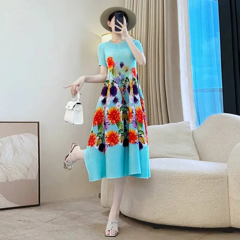 

Short Sleeve Summer Pelated Printting Women's Dress Elastic Casual Round Collar A Line Ball Gown Dresses Chic 2R20R