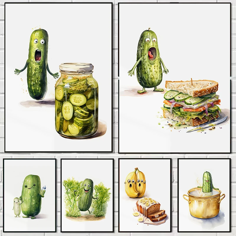 Cucumber Pickle Art Canvas Painting Whimsical Funny Poster Pickle Watercolor Print Wall Art Picture for Kitchen Home Decoration