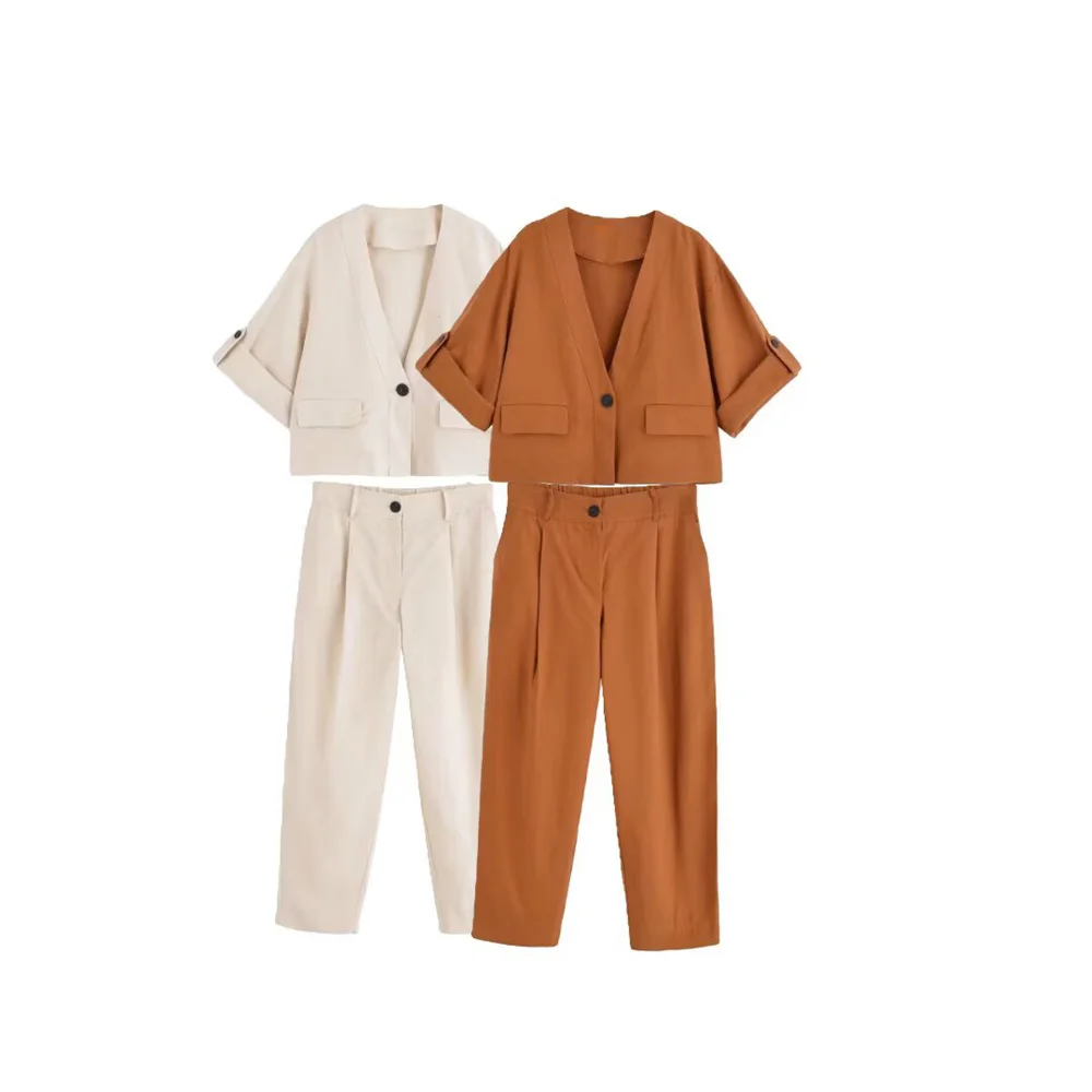 

Taop&Za women's European and American style V-neck one button short jacket summer new high waisted casual pleated pants