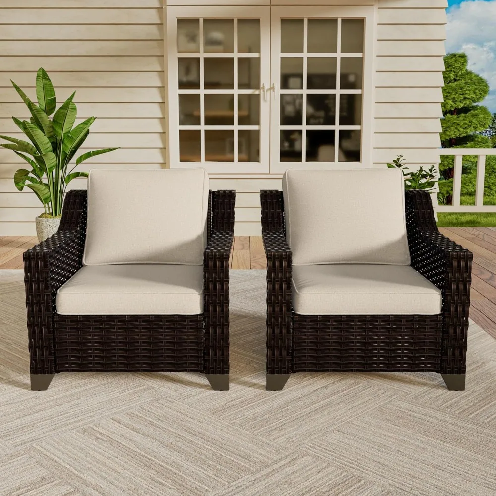 كرسي بذراعين خارجي مكون من قطعتين، مجموعة أثاث محادثات الفناء، وسادة قابلة للغسل، راتان PE فاخر منسوج يدويًا