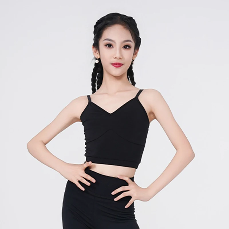 

2024 New Children Latin Dance Tops Girls Black Basic Sling Practice Underwear Ballroom Prom Waltz Tango Dance Suspenders XH831