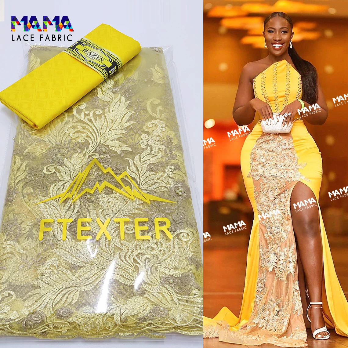 

Yellow African Tulle Lace Fabric With Original Bazin Rich Gold Line Embroidered Net Laces Material For Nigerian Senegal Fabrics