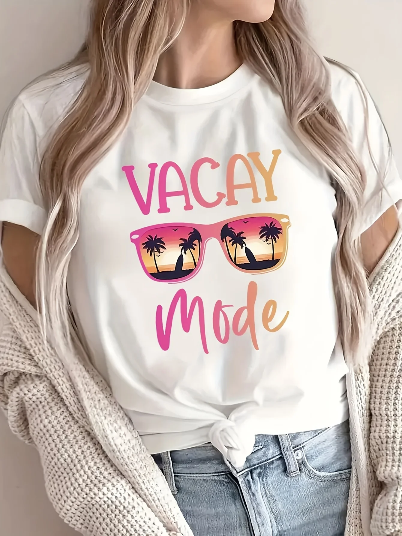 T-shirt casual da donna a maniche corte bianca geometrica palmera occhiali alla moda stampa top girocollo traspirante