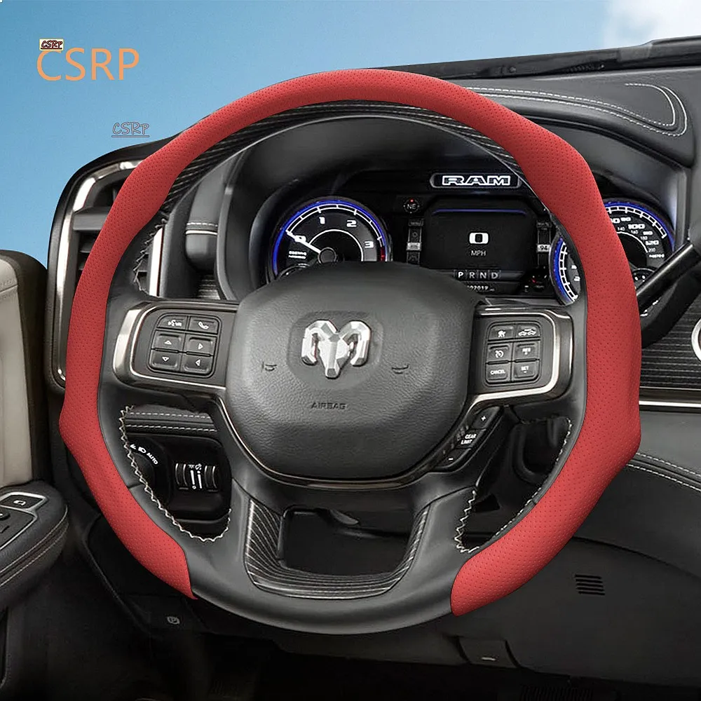 Suitable Breathable Leather Steering Wheel Cover Anti-Slip Sweat-Absorbent for Ram Promaster 1500-5500 Black Red Green