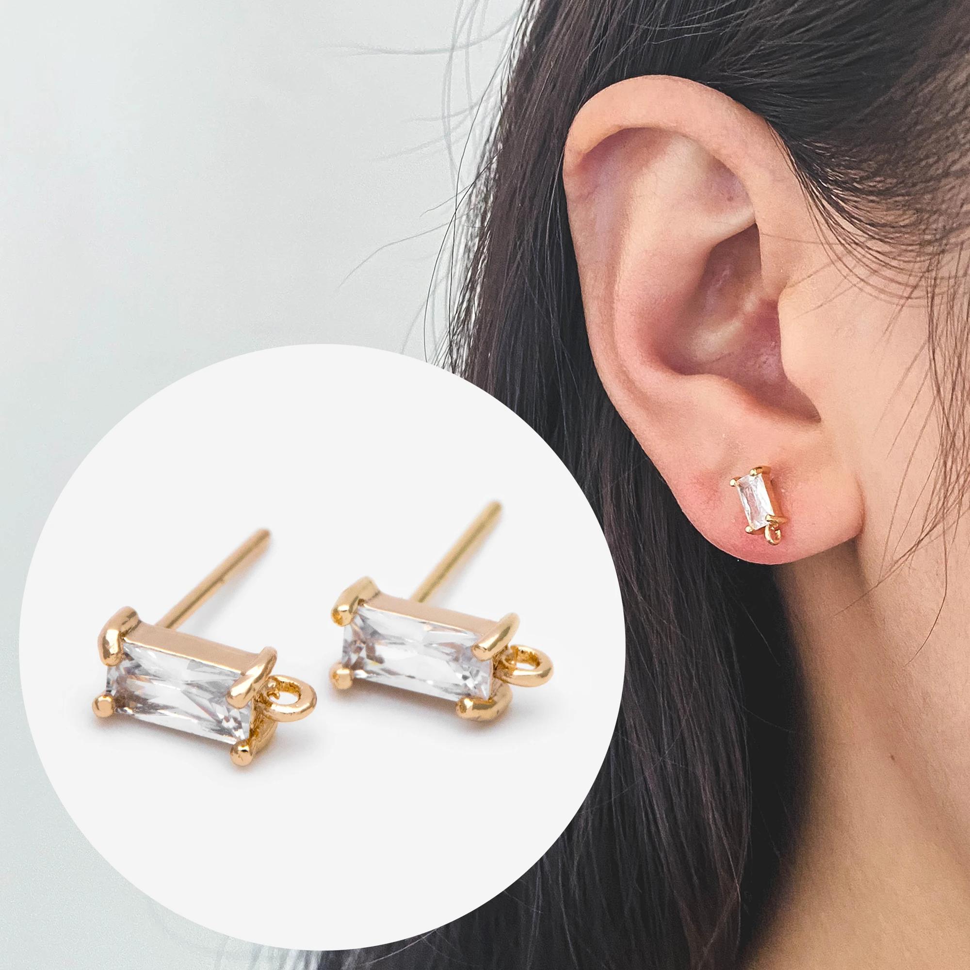 

10pcs CZ Paved Rectangle Earring Studs, 18K Gold Plated Brass Ear Posts, Geometric Earring Findings For Jewelry DIY (#GB-1445)