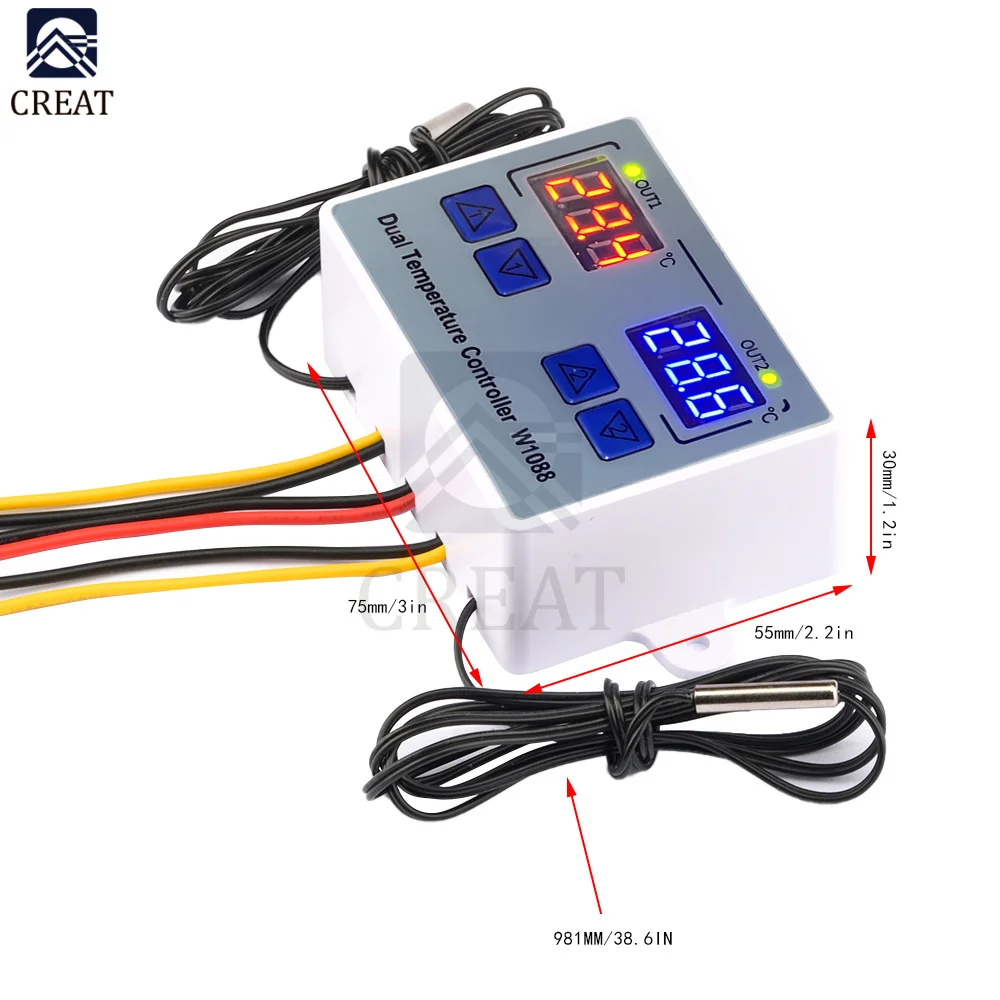 W1088 Dual LED Digital Temperature Sensor Meter Controller 12V 24V AC110-220V Thermostat Aquarium Incubator Thermoregulator