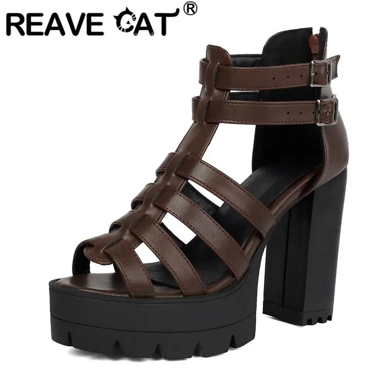 REAVE CAT Brown Women Sandals Peep Toe 11cm Chunky High Heel 3.5cm Platform Buckle T-Strap Plus Size 44 45 43 Sexy Dating Shoes