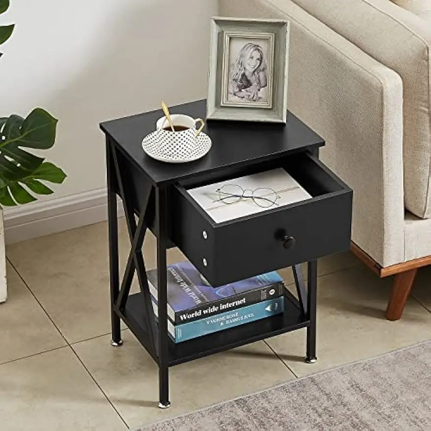 Nightstands, Modern End Side Tables,Night Stand with Drawer &Storage Shelf for Bedroom living Room Office Lounge, Black