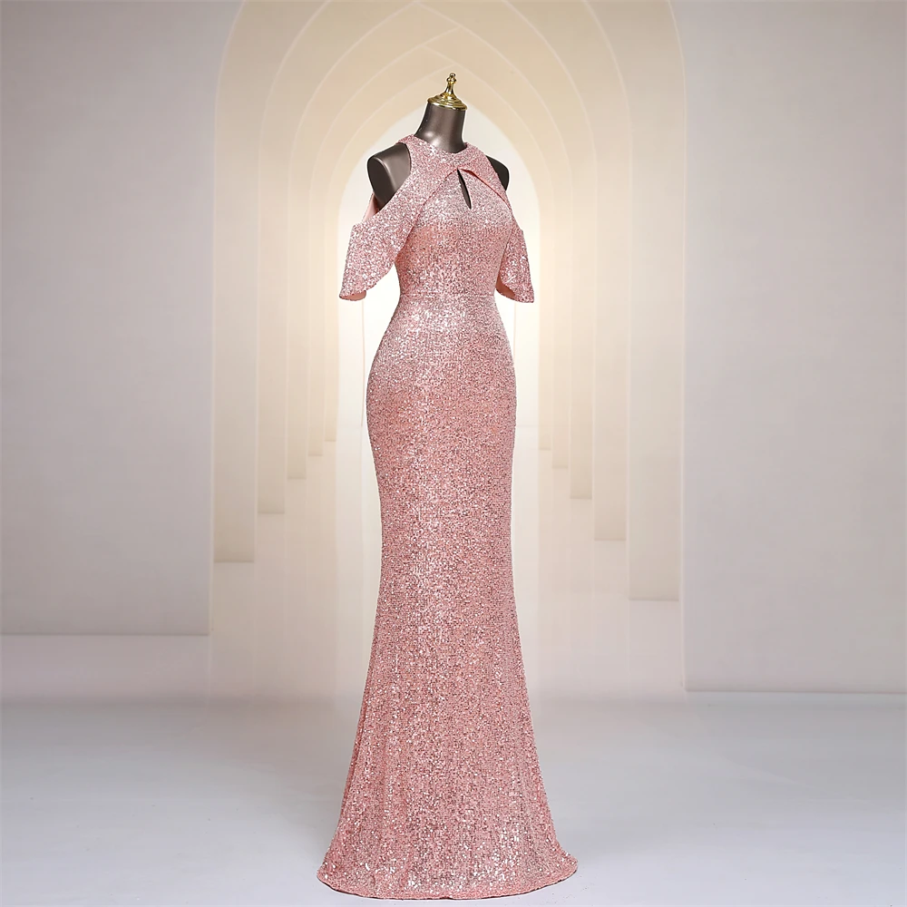 Stylish Pink Sequined Mermaid Evening Dresses For Women Trumpet Keyhole Neck Off Shoulder Trumpet Prom Dresses Formal Party