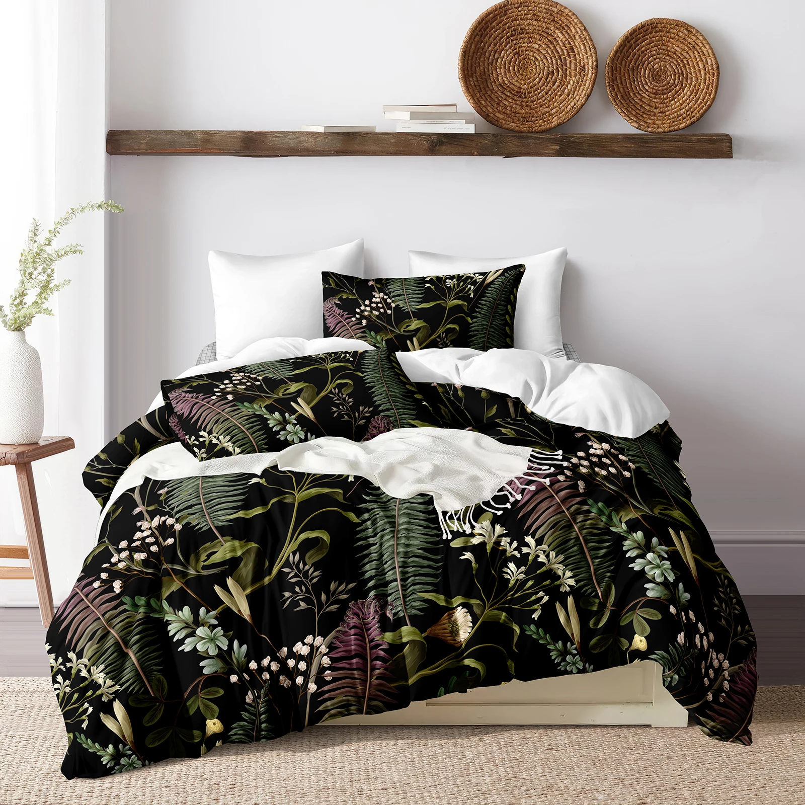 Green Leaves Comforter Bedding Sets Black Botanical Bedding Set Cottage Vintage Duvet Cover with 2 Pillowcases