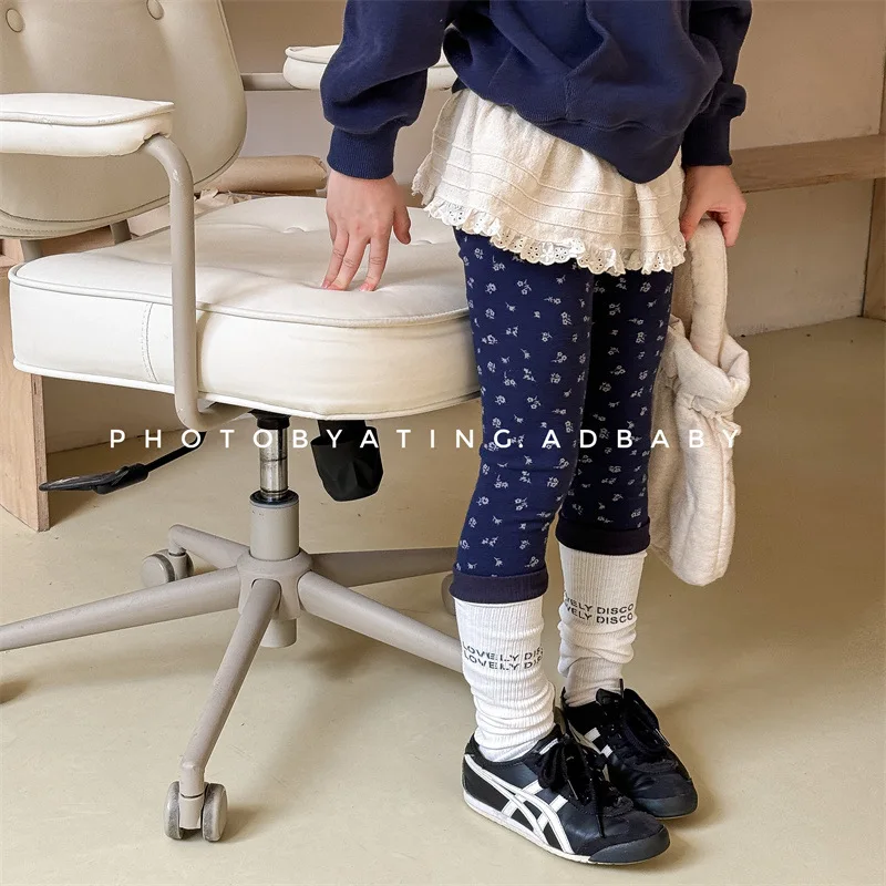 2024 Autumn New Girls Leggings Baby Cotton Elastic Pants Flower Print Children Casual Versatile Tight Trousers Kids Clothes