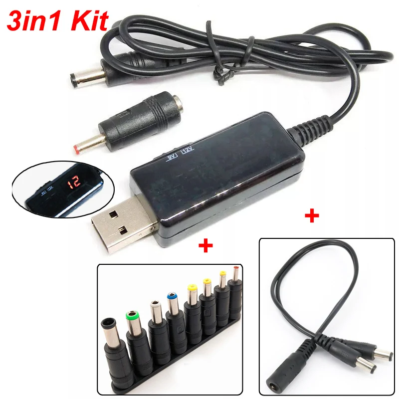 3in1 kit USB Boost DC 5V to 9V 12V USB Step-up Converter Cable +8 PCS 55*21MM Plug+1 TO 2  For Power Supply Charger Router Model