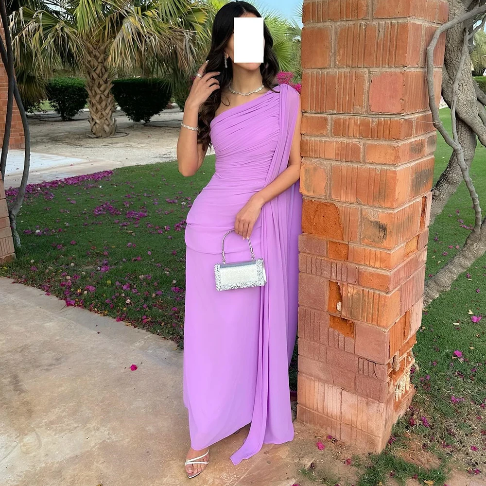 

Classic Purple Women Straight Evening Dress One Shoulder Chiffon Sleeveless Watteau Train Saudi Arabia Special Occasion Gowns