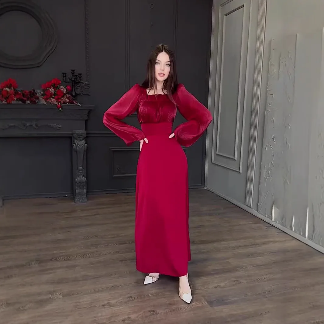 Doux couleur Pure cloche Sve Wrap Dr avec plis col carré épissage soie Lustre a-ligne Dr Ele Sle Long Dr