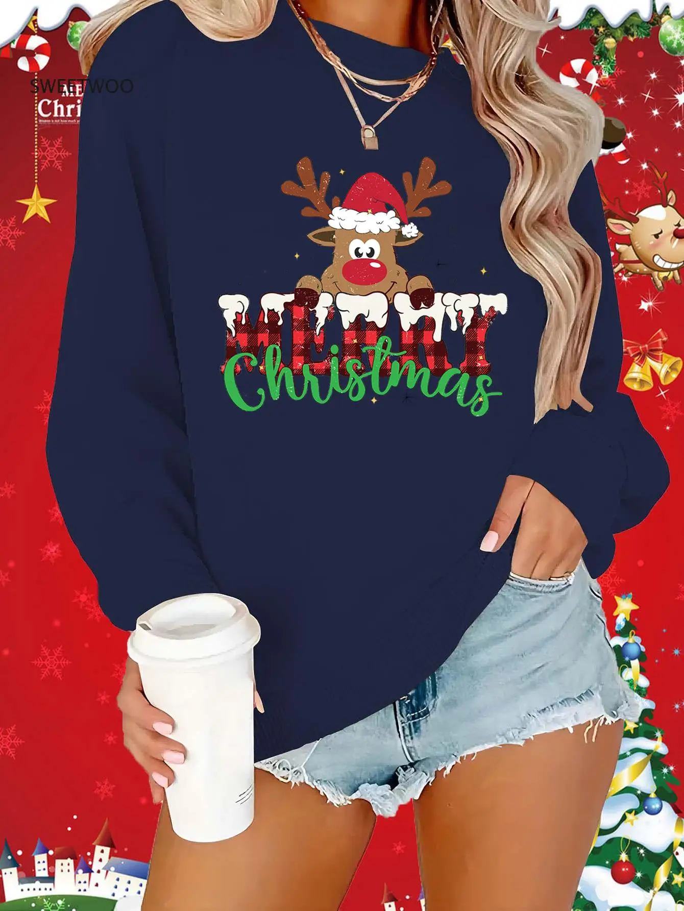 

1Pc Women's Casual Christmas Sweatshirt, Polyester Knit Crew Neck with Reindeer Print, Fashion Pullover for Autumn/winter Season
