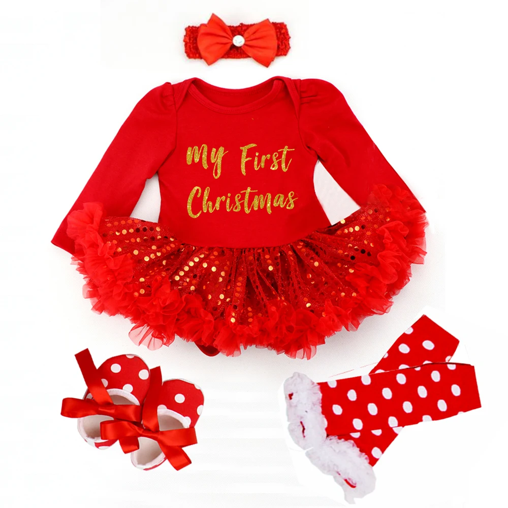 Fashion My First Christmas Baby Girl Clothes Ruffle Romper + Red Bling-Bling Dress 2023 New Year Costume Baby Halloween Outfit