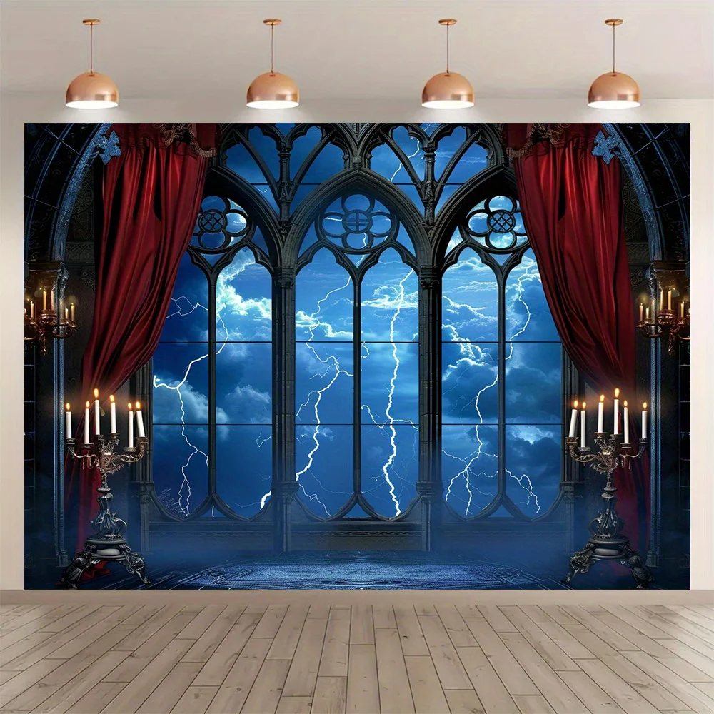 Gothic Vampire Castle and Moon Bat Background - Multi functional Party Decoration, Indoor/Outdoor Photo Props Banner