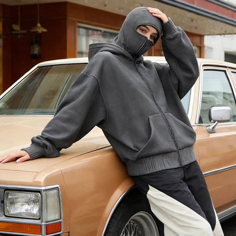 

Европейско-американский модный свободный худи в стиле Харадзюку, однотонный, с капюшоном-маской, длинными рукавами, на молнии, в стиле хип-хоп, панк, гранж, повседневный свитшот