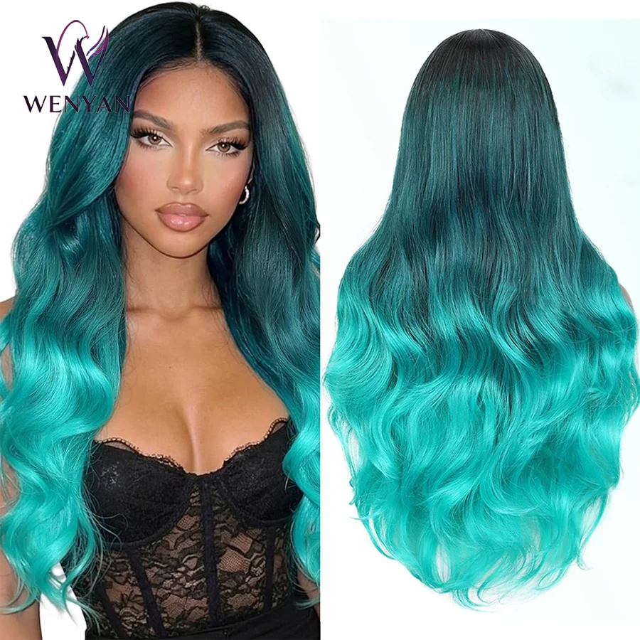 26inch Ombre Bluish Green Wig Long Wavy Synthetic Wigs For Women Heat Resistant  Synthetic Hair High Density Body Wave