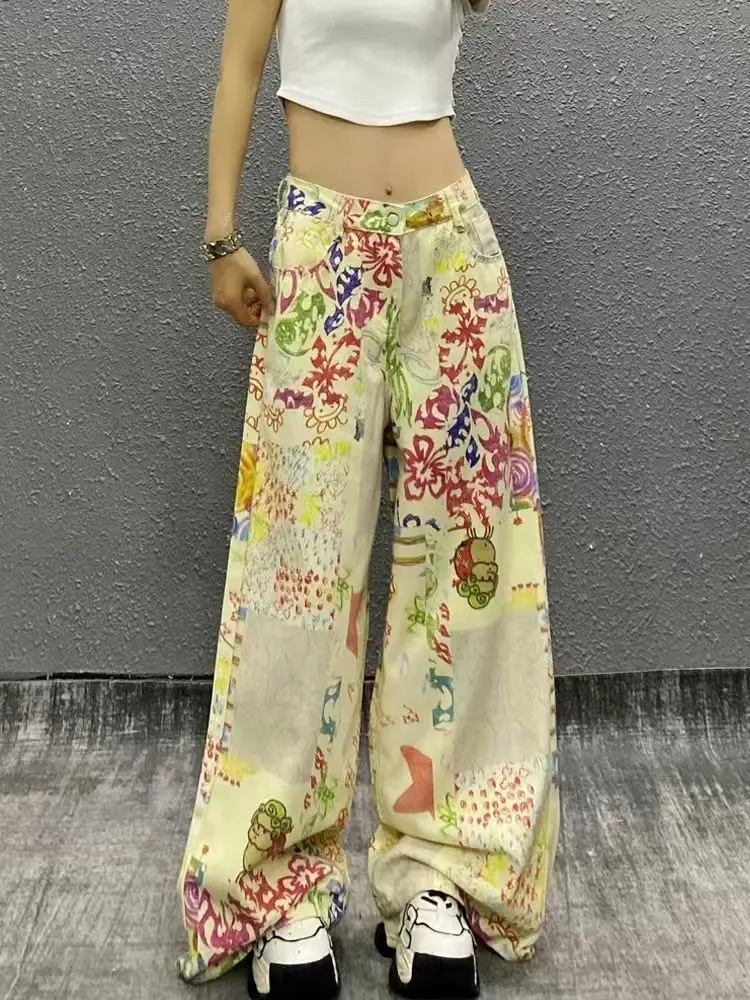 

Повседневные джинсы с цветным принтом для женщин осенью, свободный крой с высокой талией, универсальные индивидуальные прямые брюки с широкими штанинами в пол