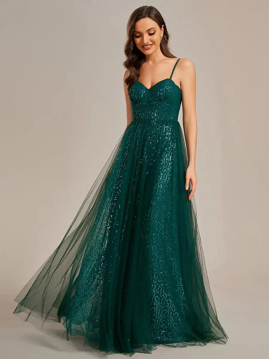 Gorgeous Evening Dresses Strapiess Sweetheart Neckline Spaghetti Straps 2024 Ever pretty of Shiny Dark Green Bridesmaid dress