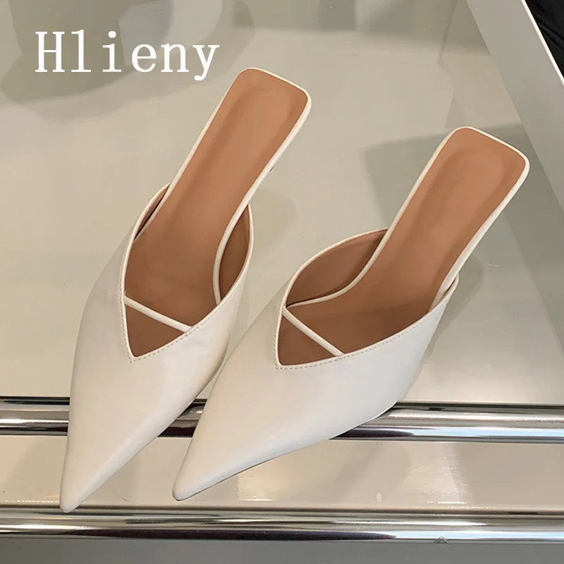 Hlieny Cozy White Leather Pointed Toe Designer Low Thin Heels Mules Slippers For Woman Shoes Pumps Women Slingback Sandal Slides