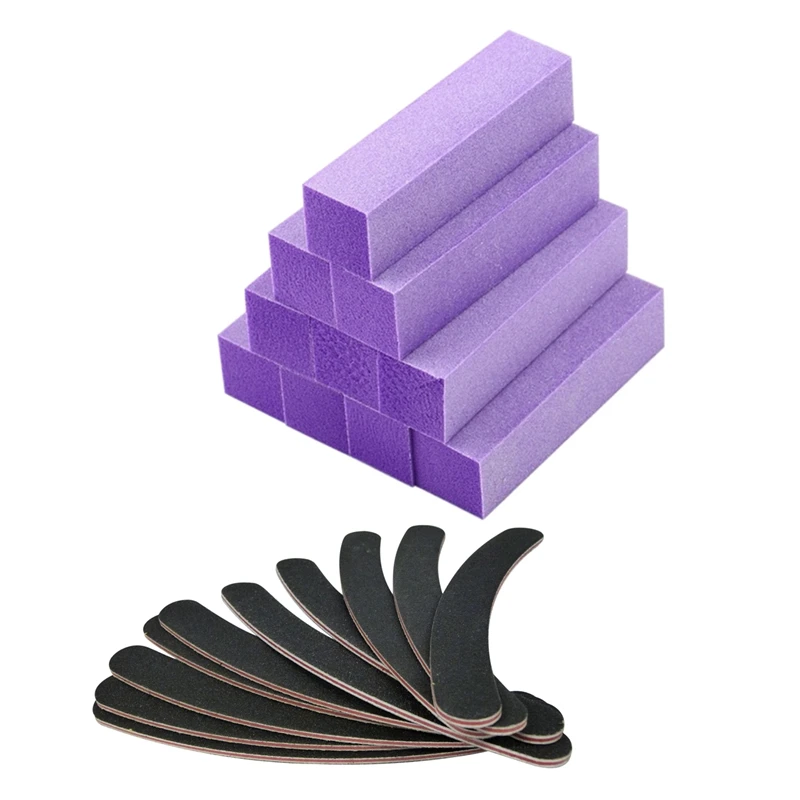 20 Pcs Nail Files: 10 Pcs Double Sided 100/180 Grit Curved Nail Files & 10 Pcs Buffing Sanding Buffer Block Files