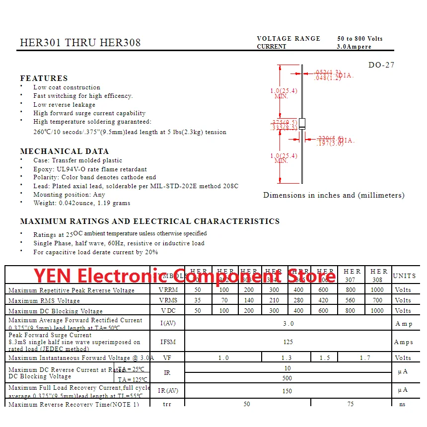 20PCS/LOT 3A HER301 HER302 HER303   304  HER305 HER306  HER307 HER308