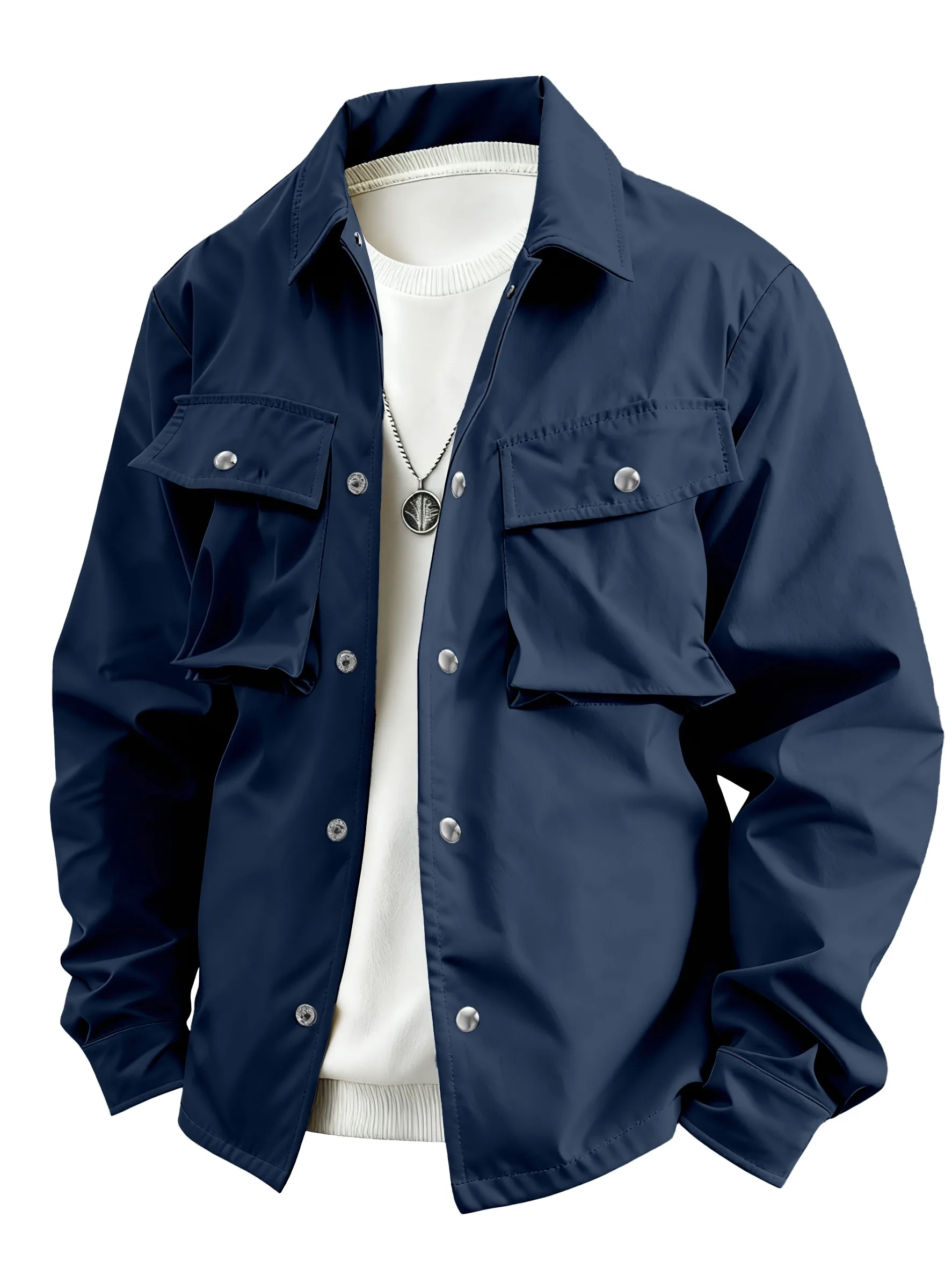 Men's button up shirt jacket, men's solid color lapel shirt jacket, autumn and winter long sleeved casual jacket, with flip pock