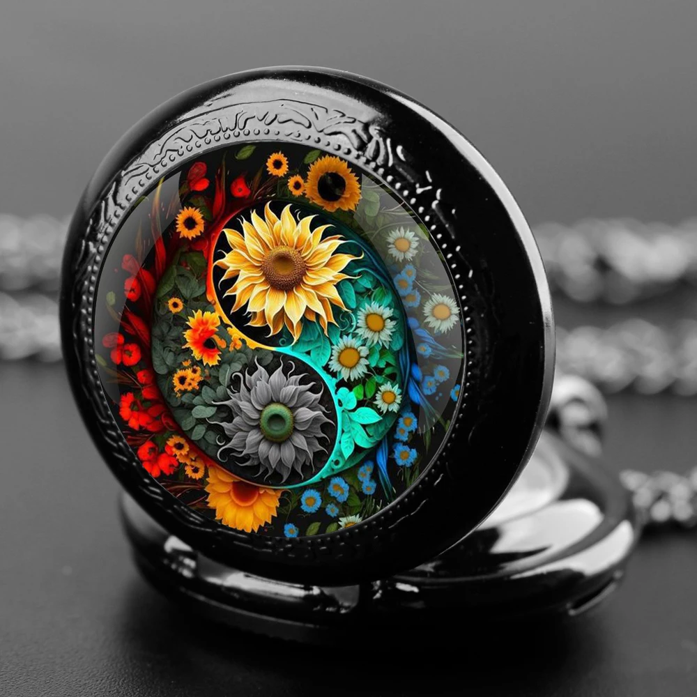 Yin-Yang Sunflower Design Black Quartz Pocket Watch Gift Set with Durable Chain and Arabic Numeral Face Timeless Present for Boy