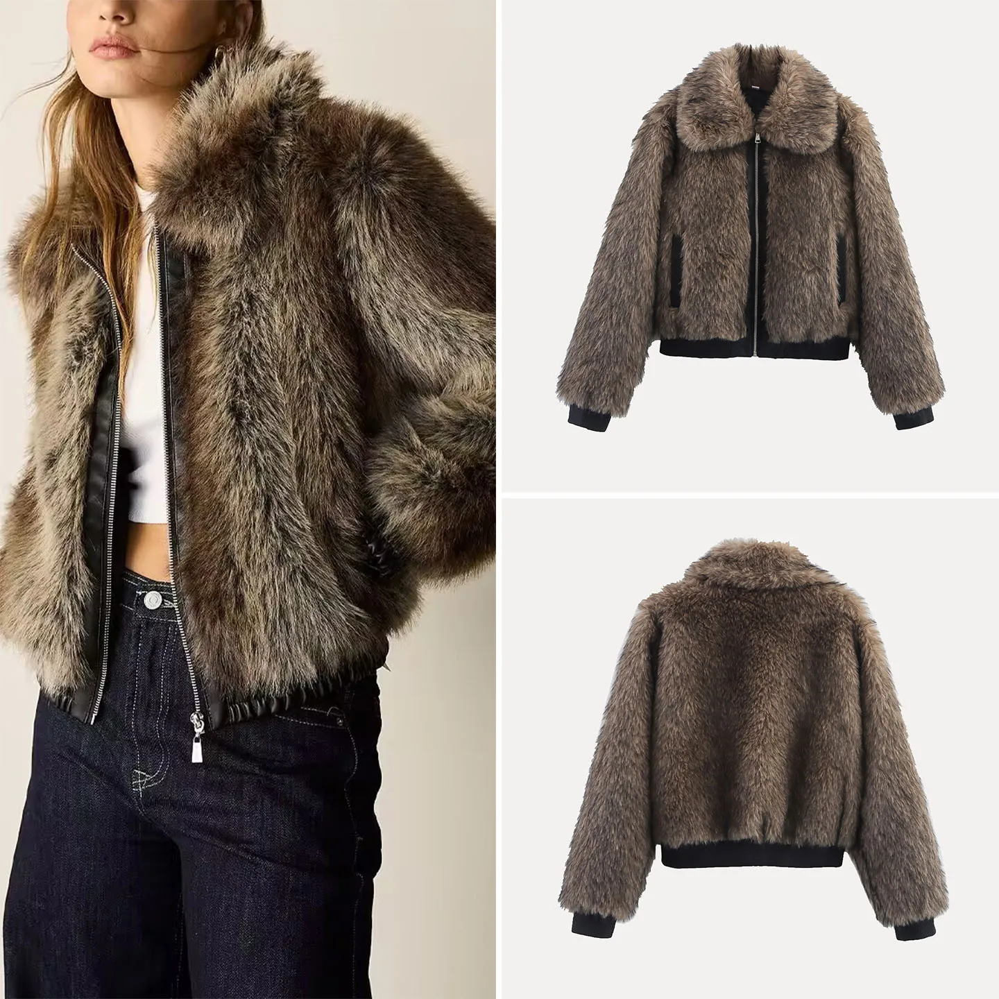 

Fall 2025 Women's Faion Personali Mismatched Color Leather And Fur Jaet Coat Stand Version European Sle Ladies Out...