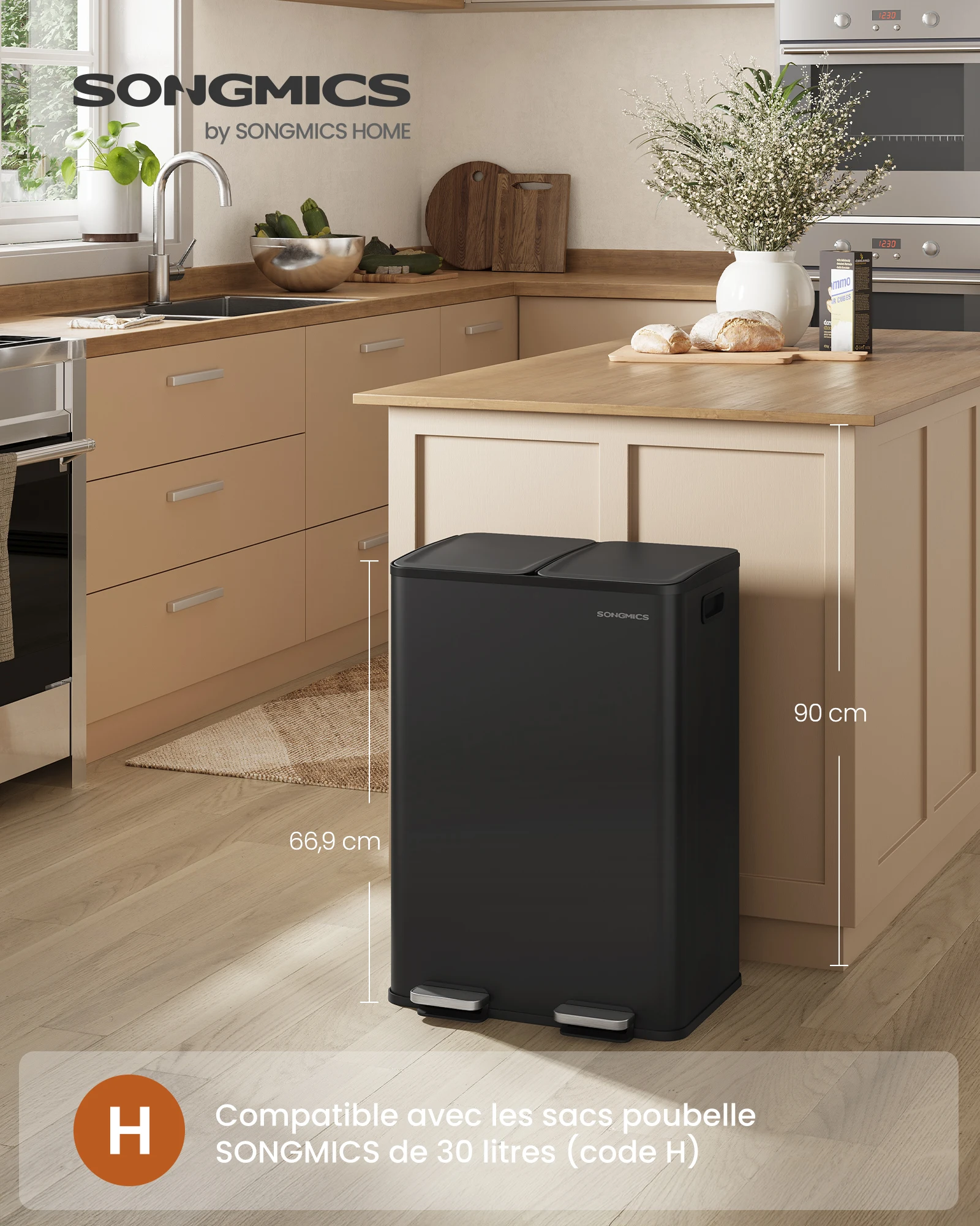 Poubelle de Cuisine, 2 x 30 L, Couvercle à Fermeture Douce, avec Seaux Intérieurs, Acier Inoxydable, 15 Sacs Poubelle Inclus, Gris Ardoise/Noir d’Encre