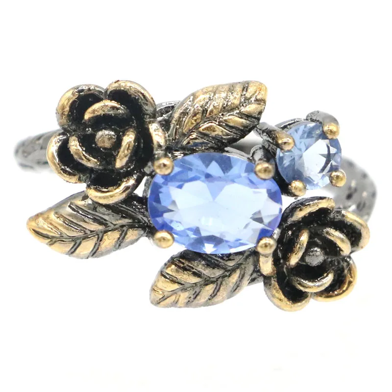 Buy 4 Get 1 Free 20x14mm Unique Flowers Shape 4.8g Violet Tanzanite Aquamarine London Blue Topaz Cool Black Metal Silver Rings