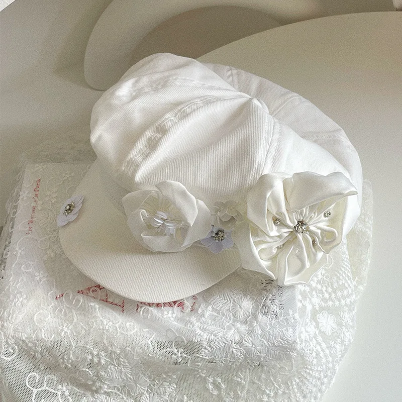 

Korean Retro Niche Pleated Flower White Flat Top Beret Hat Women's High-end Sense Elegant Face Newsboy Hat Octagonal Hat