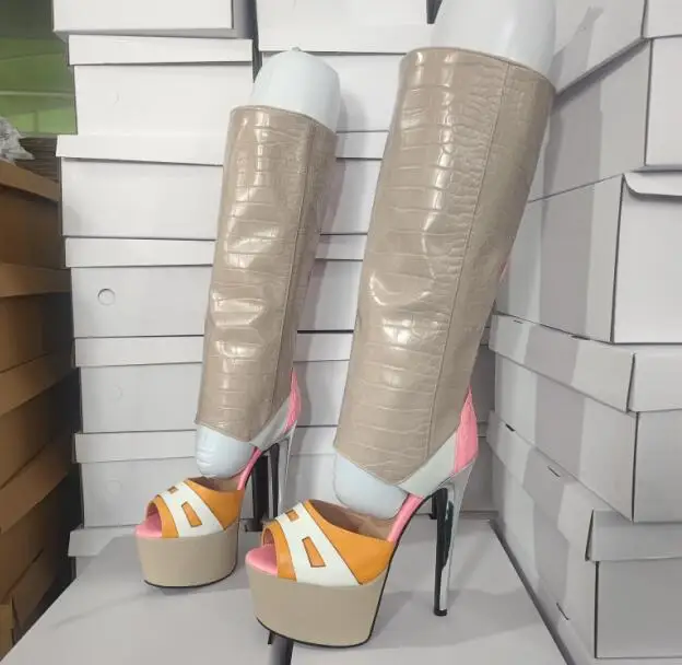 

Orange Pink White Gray Mixed Color Peep Toe Platform Hollow Thin Heels Knee High Sandals Boots Women Fashion Stiletto Long Boots
