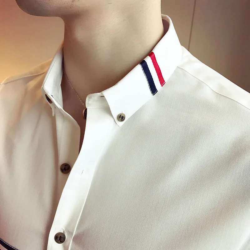 2022 Fashion Casual Color Stripes Webbing Decoration Shirts Men\'s Slim Fit Casual  Long Sleeve Dress Shirt Social Chemise Homme