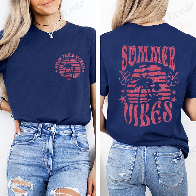 Trendiges Sommer-Vibes-Shirt, Beach-Vibes-T-Shirt, Urlaubs-T-Shirts für Damen, Vintage-T-Shirts, kurzärmliges T-Shirt, lässige Sommer-Tops – Detail 5