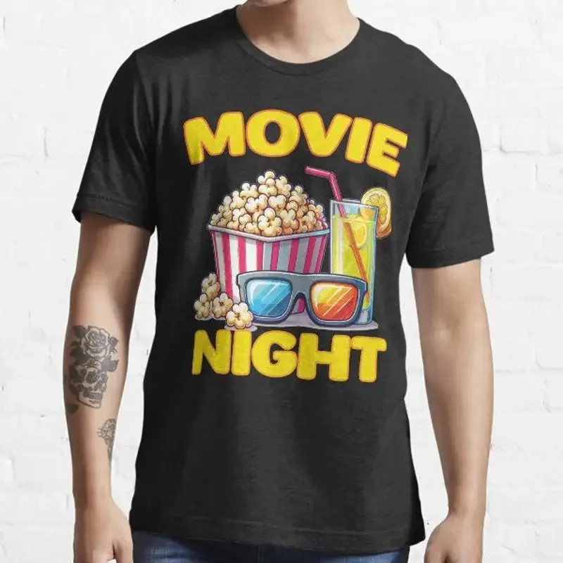 Movie Night Cinema Lovers Popcorn Lemonade Black Men T Shirt Size S to 5XL