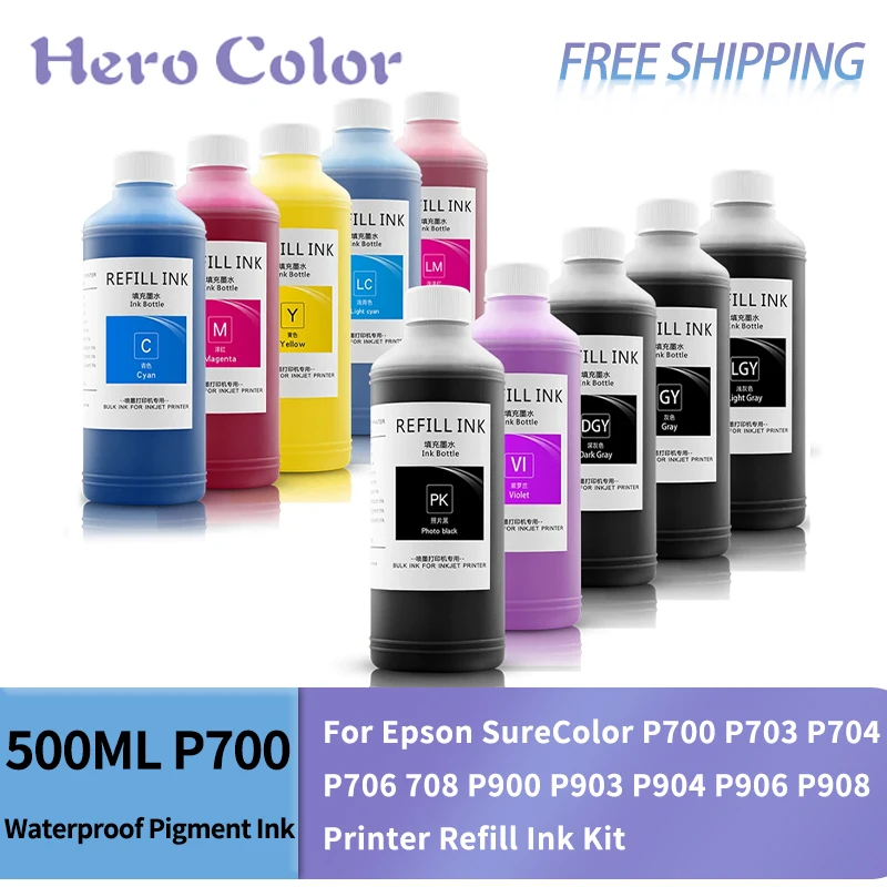 500ML Waterproof Pigment Ink For Epson SureColor P700 P703 P704 P706 708 P900 P903 P904 P906 P908 Printer Refill Ink Kit