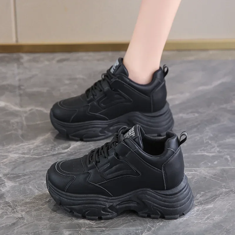 White Platform Women's Sneakers 2025 Autumn Lace-Up Thick Bottom Sports Shoes Woman Pu Leather Breathable Walking Shoes Female image 4