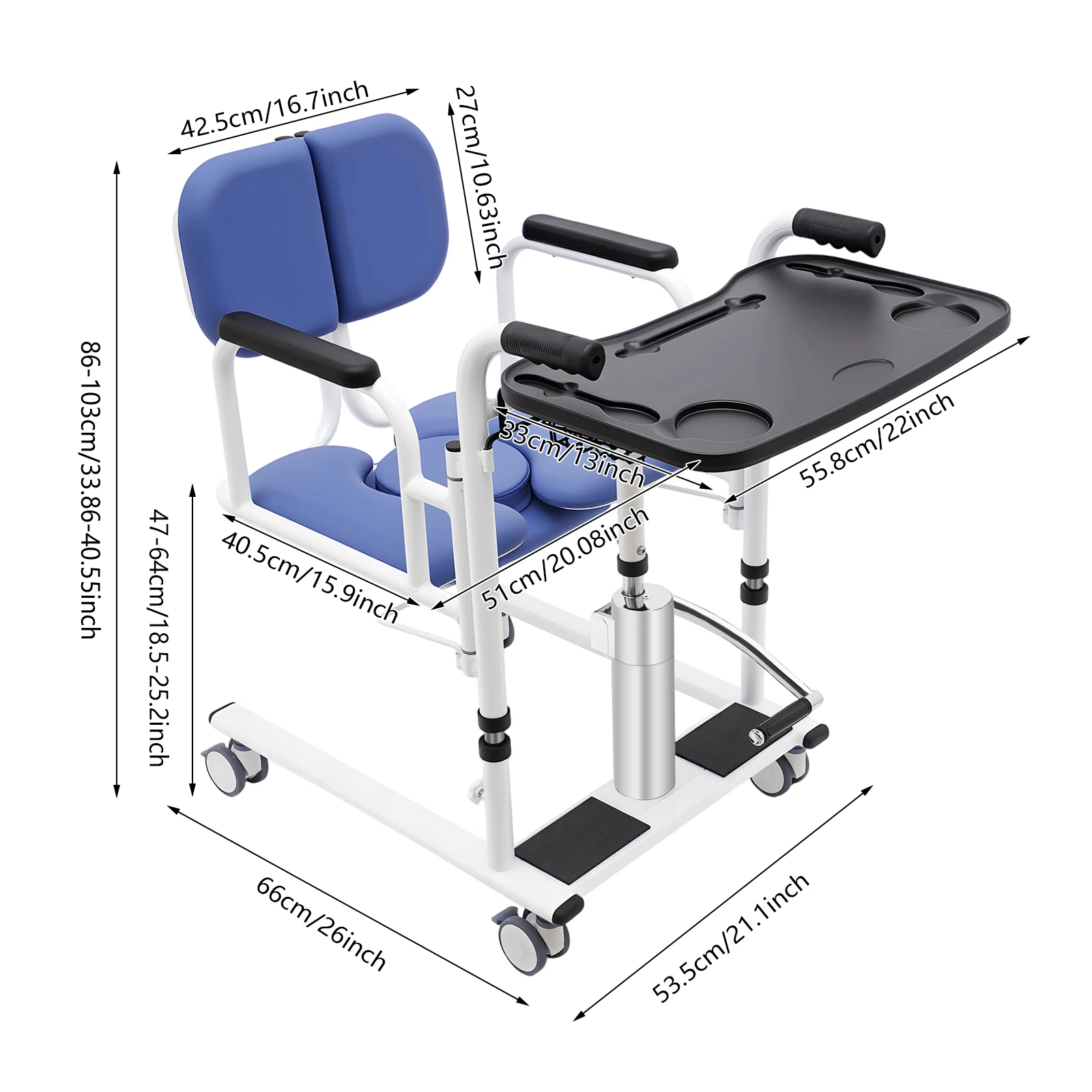Hydraulischer Patientenlifter für den Heimgebrauch, tragbarer Transferstuhl mit 4 Universalrädern & 180°-Drehung ° Liegesessel, 150 kg Tragkraft, Pflegehilfe für Senioren (Schwarzes Display, gleiche Spezifikationen für Orange & Blau) – Detail 3