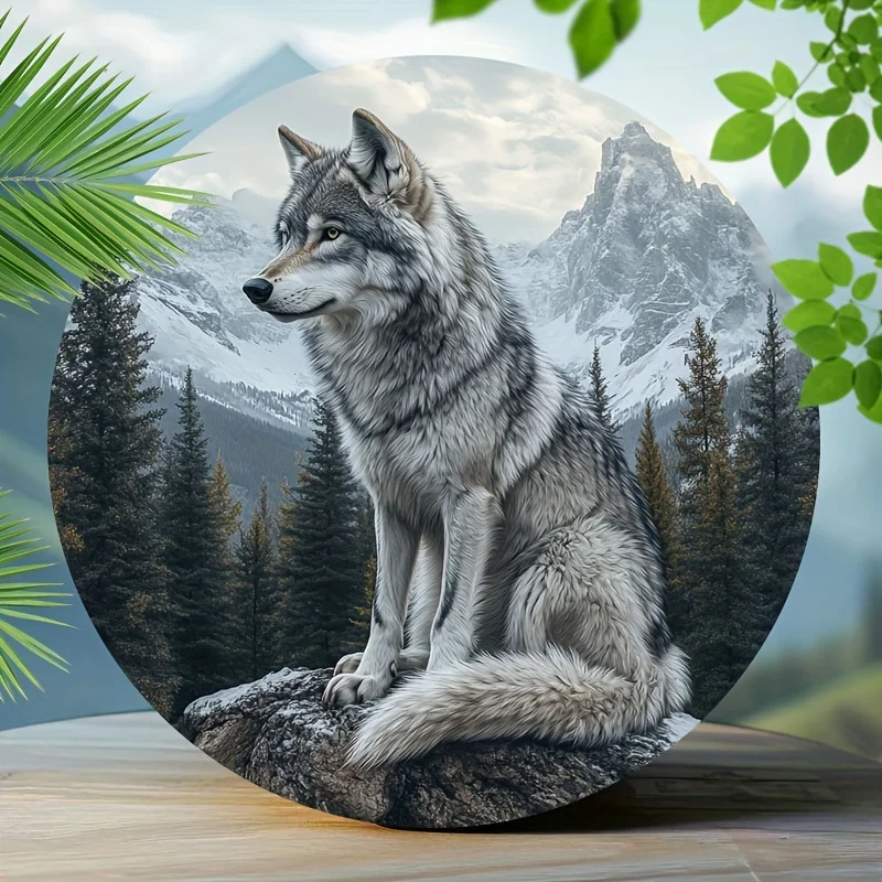 2D 1 Stück, Blechschild, nordamerikanisches graues Wolf-Thema, Retro-Aluminium, kreisförmiges Metallschild, runde Wandkunst, Plakette, Dekor, Retro, Zuhause und Bar