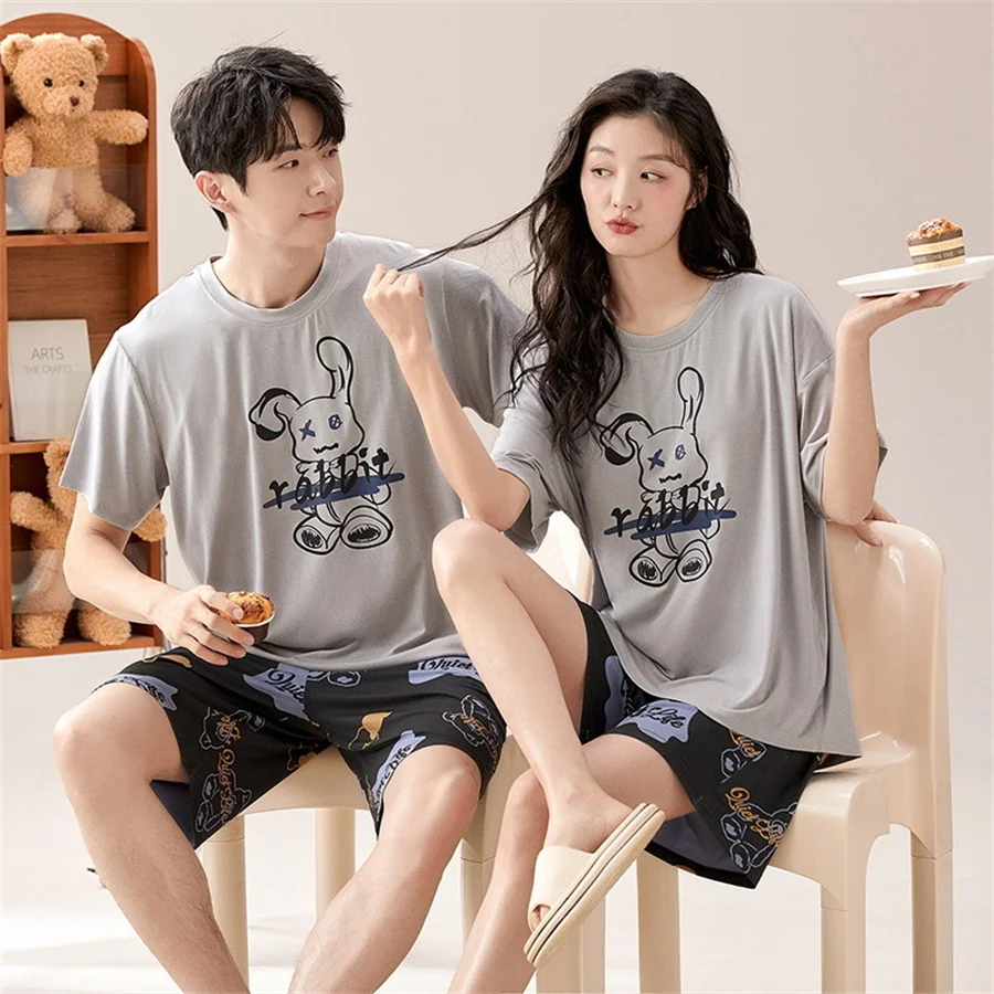 Printed Couple Pajamas Set Short Sleeve T-shirt and Shorts Women Modal Sleepwear with Bra Pad Men Home Clothes 2 Pcs Loungewear